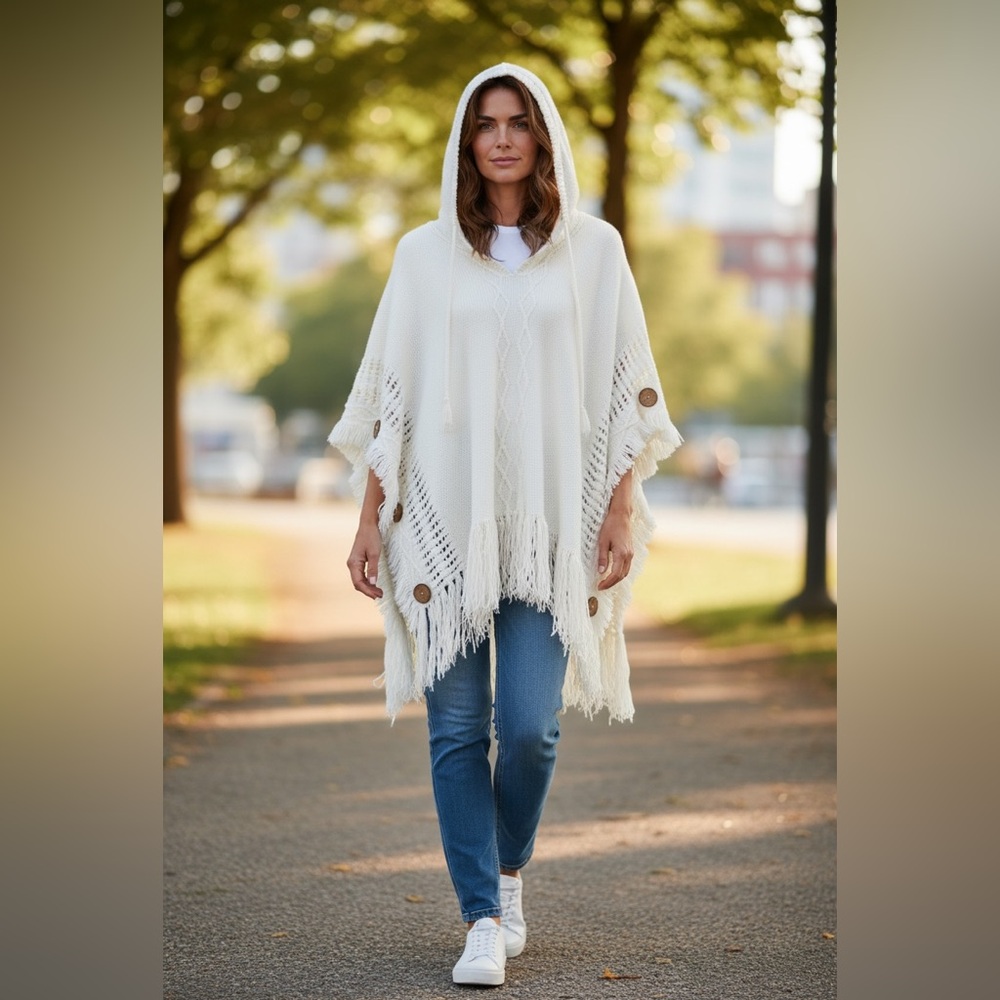 White Knit Poncho with Fringe